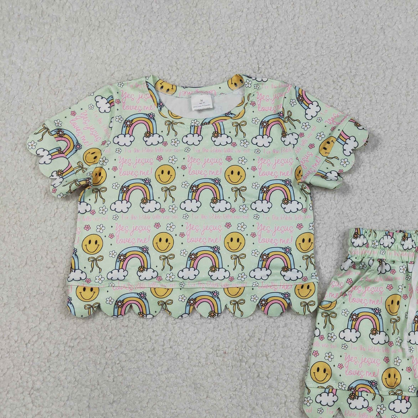 GSSO3283 RTS NO MOQ （In stock ）Baby Girls Rainbow Smiles Flowers Top Pockets Shorts Scallop Clothes Sets