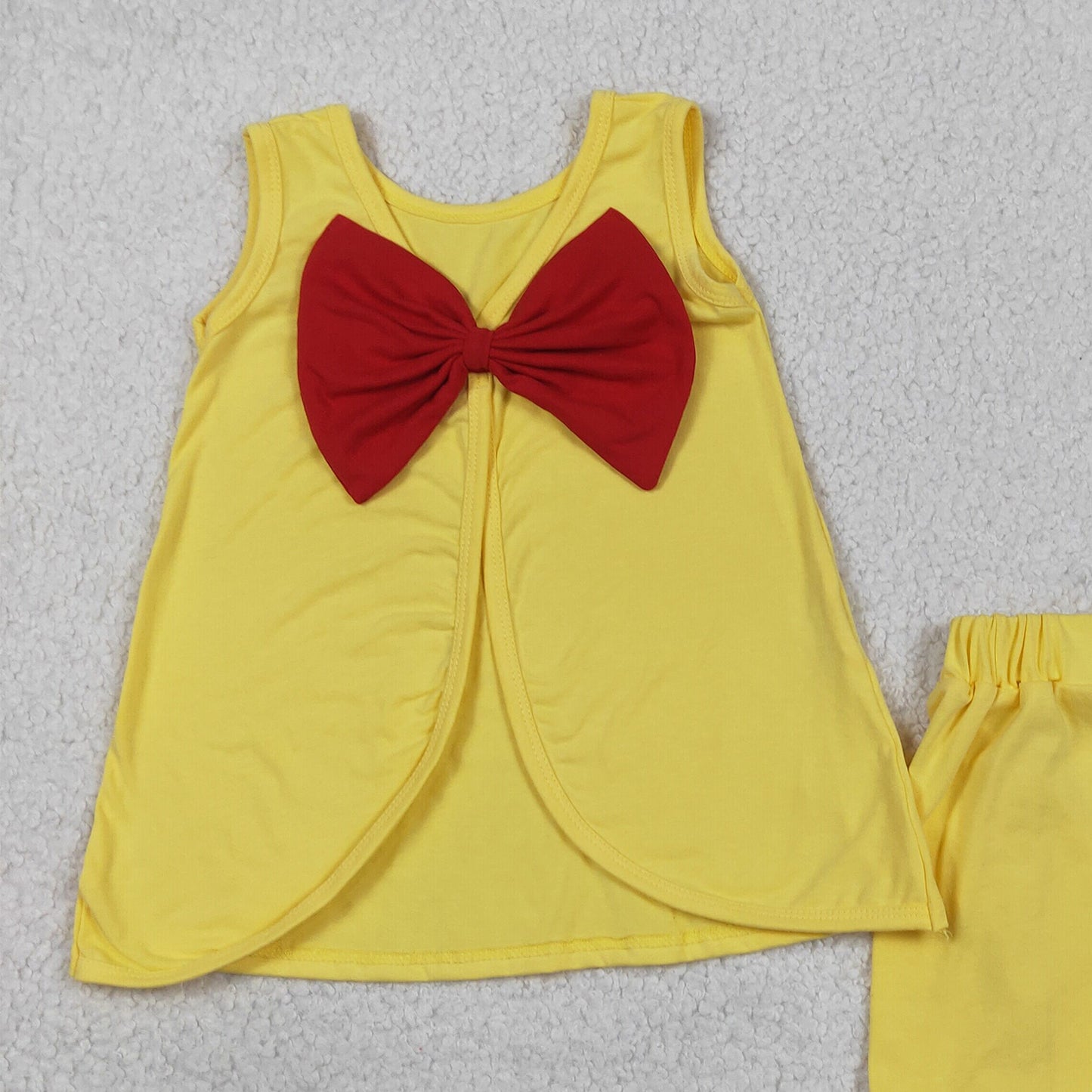 GSSO3466 RTS NO MOQ （In stock ）Sleeveless red bow top yellow shorts princess girls outfits