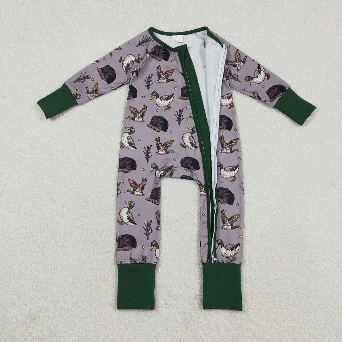 12.13 RTS NO MOQ （In stock）LR2886 Baby Girls Winter Rompers Baby Boys Camo Hats Ducks Hunting Two Way Zip Convertible Rompers