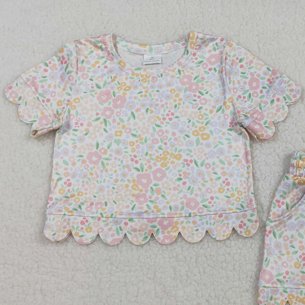 3.25 RTS NO MOQ （In stock）GSSO3273 Kids Clothing for Baby Girls Short Sleeve Colorful Small Flowers Top Shorts Scallop Clothes Sets