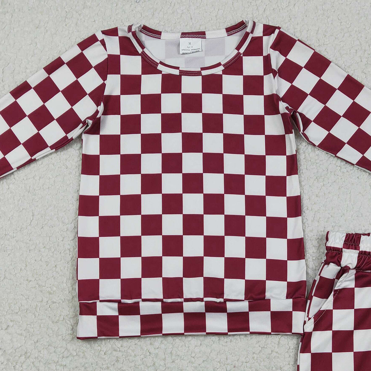 12.29 RTS NO MOQ （In stock）GLS0053 Baby Girls Long Sleeve Dark Red Checked Top Pockets Short Clothes Sets