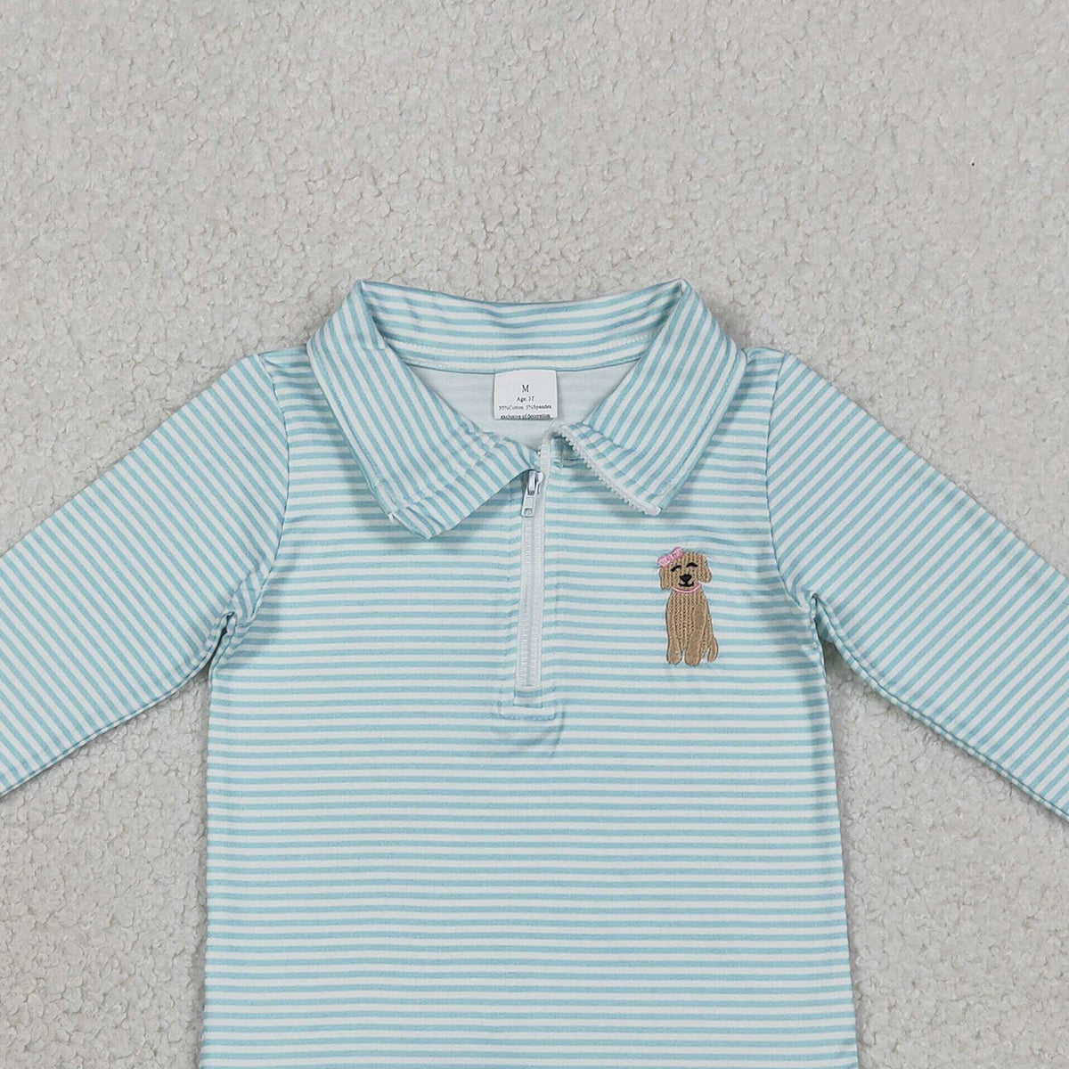 1.21 RTS NO MOQ （In stock）GT1543 Embroidery Bow Dogs Baby Girls Blue Stripe Hunting Zip Ruffle Pullovers Top
