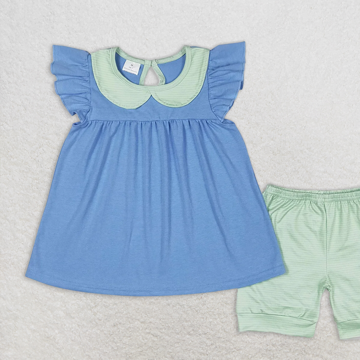 GSSO1067 RTS NO MOQ Baby Girls Summer Outfits Green striped doll collar and blue flying sleeve shorts suit