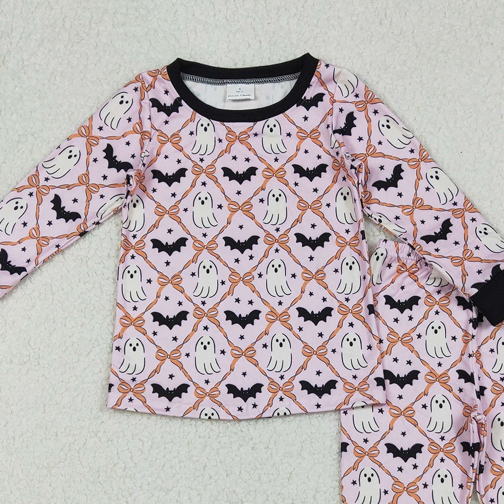 RTS NO MOQ （In stock）GLP2639 Baby Girls Winter Outfits Long Sleeves Bows Bats Ghosts Plaid Top Pant Pajamas Set