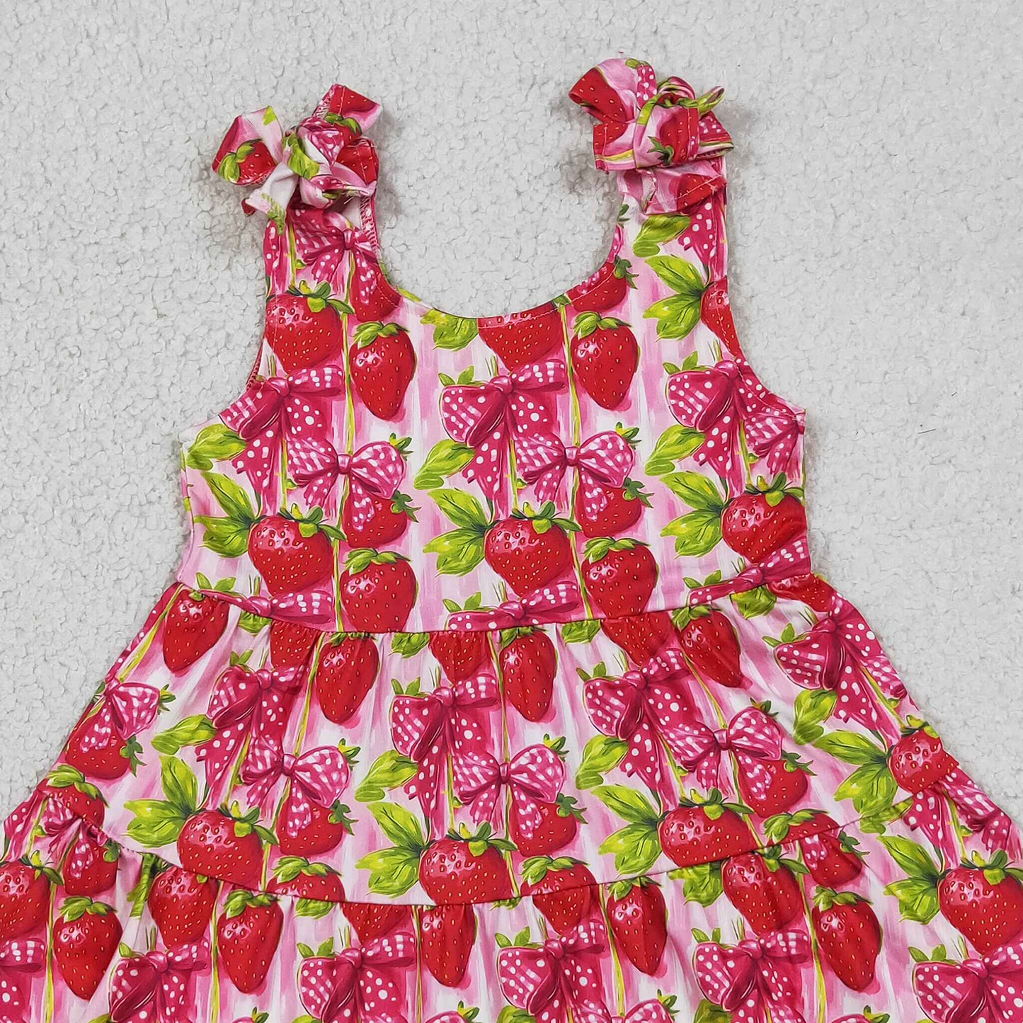 GSD3964 RTS NO MOQ （In stock）Sleeveless strawberry bow kids girls summer dresses