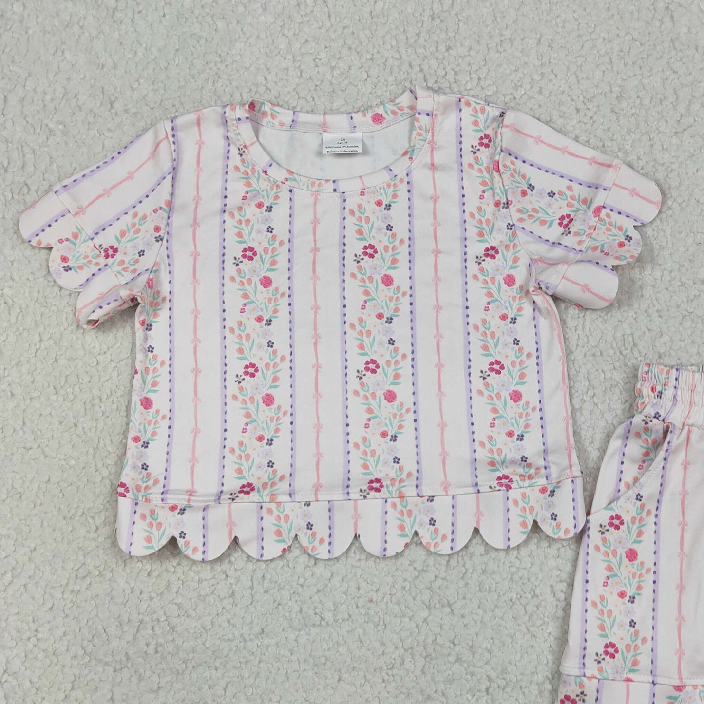 GSSO3411 RTS NO MOQ （In stock）Short sleeves scallop floral toddler girls summer outfits