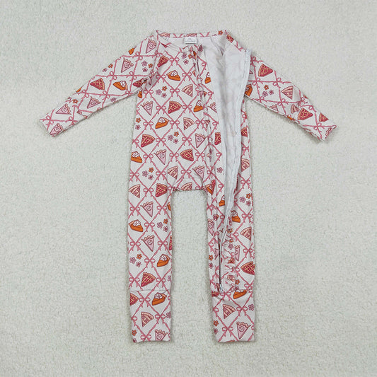 RTS NO MOQ （In stock） LR2594 Baby Girls Winter Rompers Pink Bows Thanksgiving Cake Fall Zipper Footie Rompers
