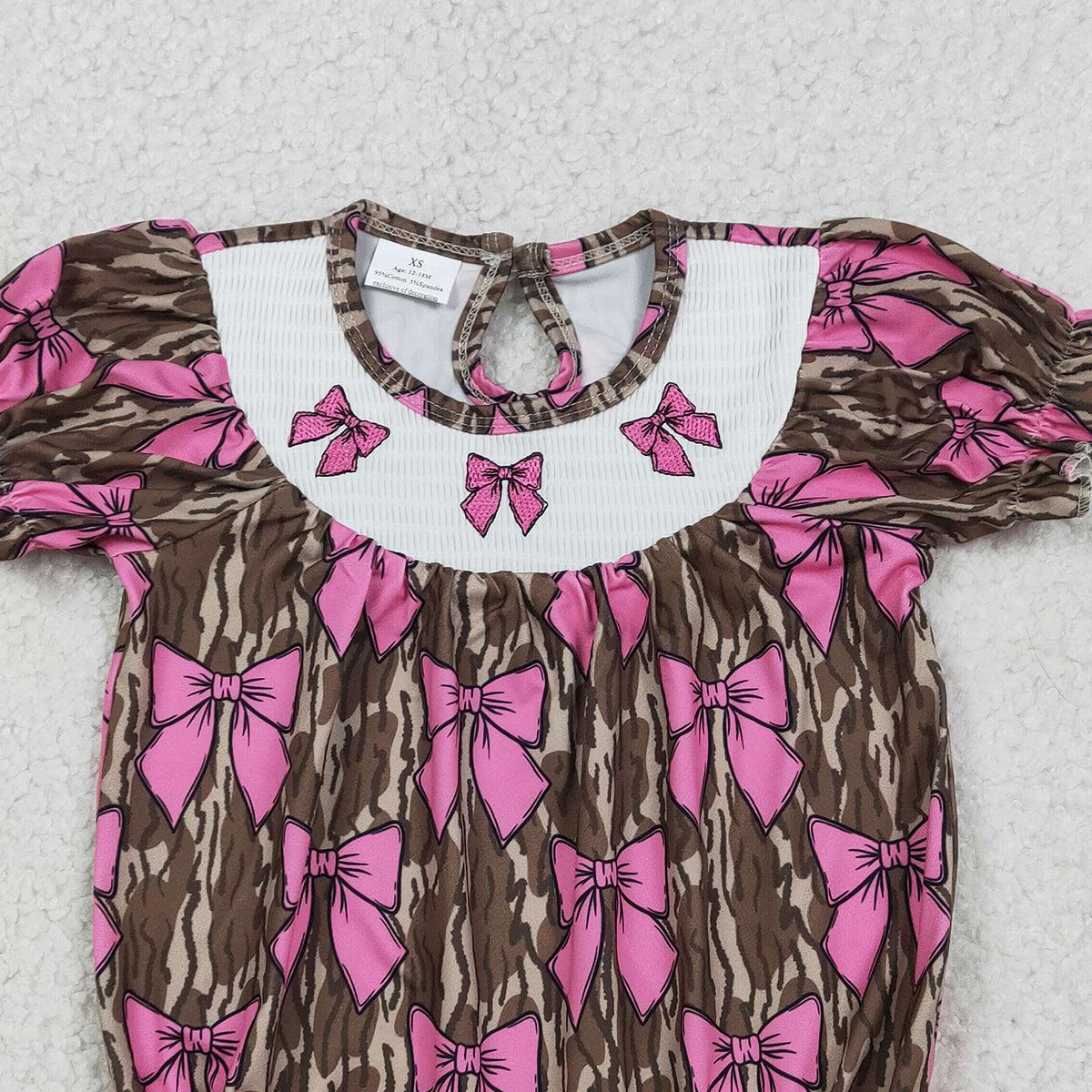 1.24 RTS NO MOQ （In stock）SR3827 Smocked Bows Baby Girls Southern Olive Camo Ruffle Rompers