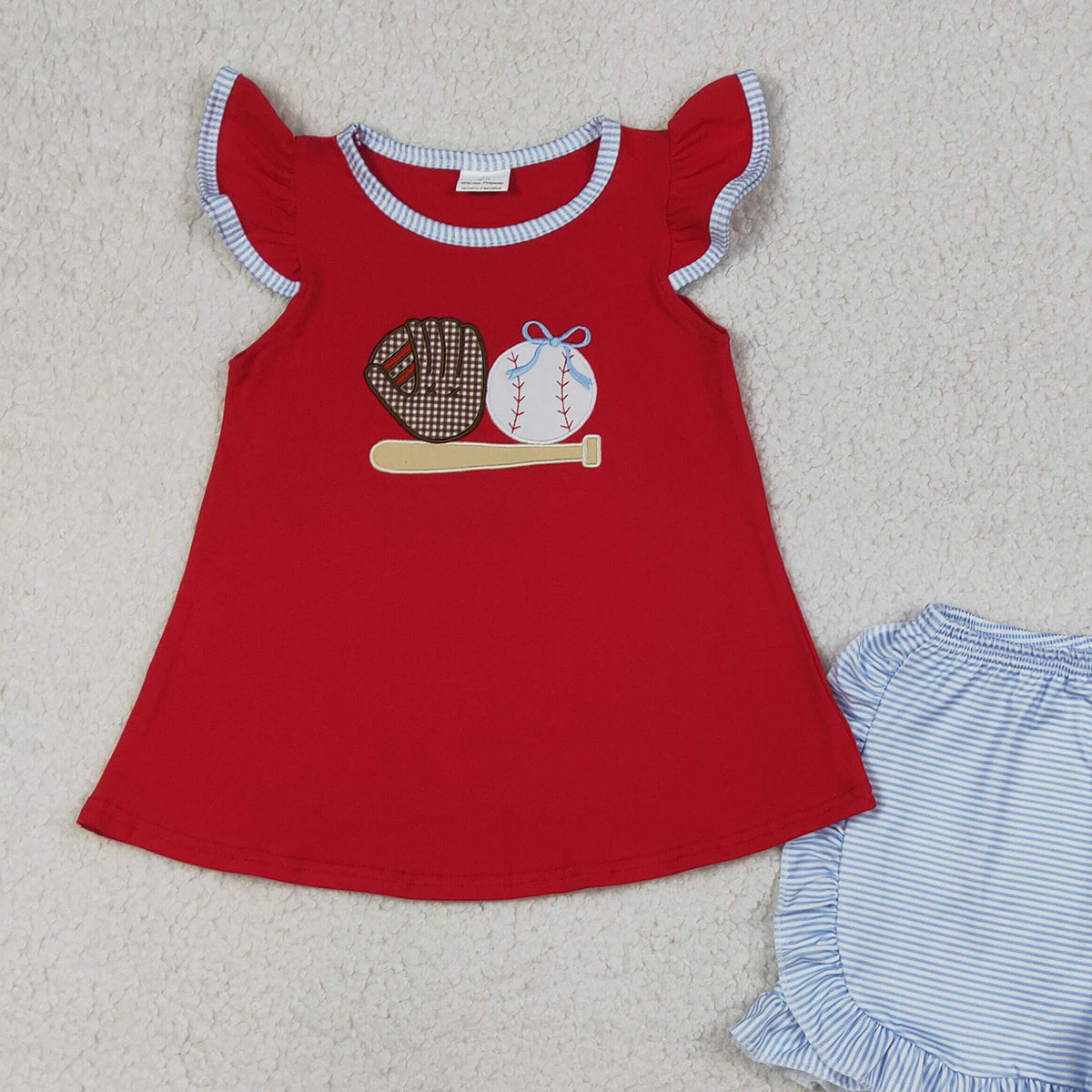4.3 GSSO3246 RTS NO MOQ （In stock ）Baseball bow top stripe shorts girls summer outfit