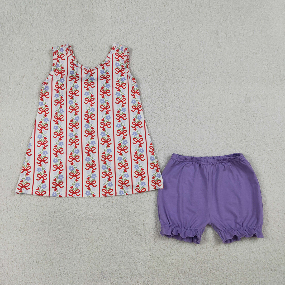 1.15 RTS NO MOQ （In stock）GSSO2785 Baby Girls Bows Flowers Stripe Back Bows Tunic Ruffle Shorts Clothes Sets