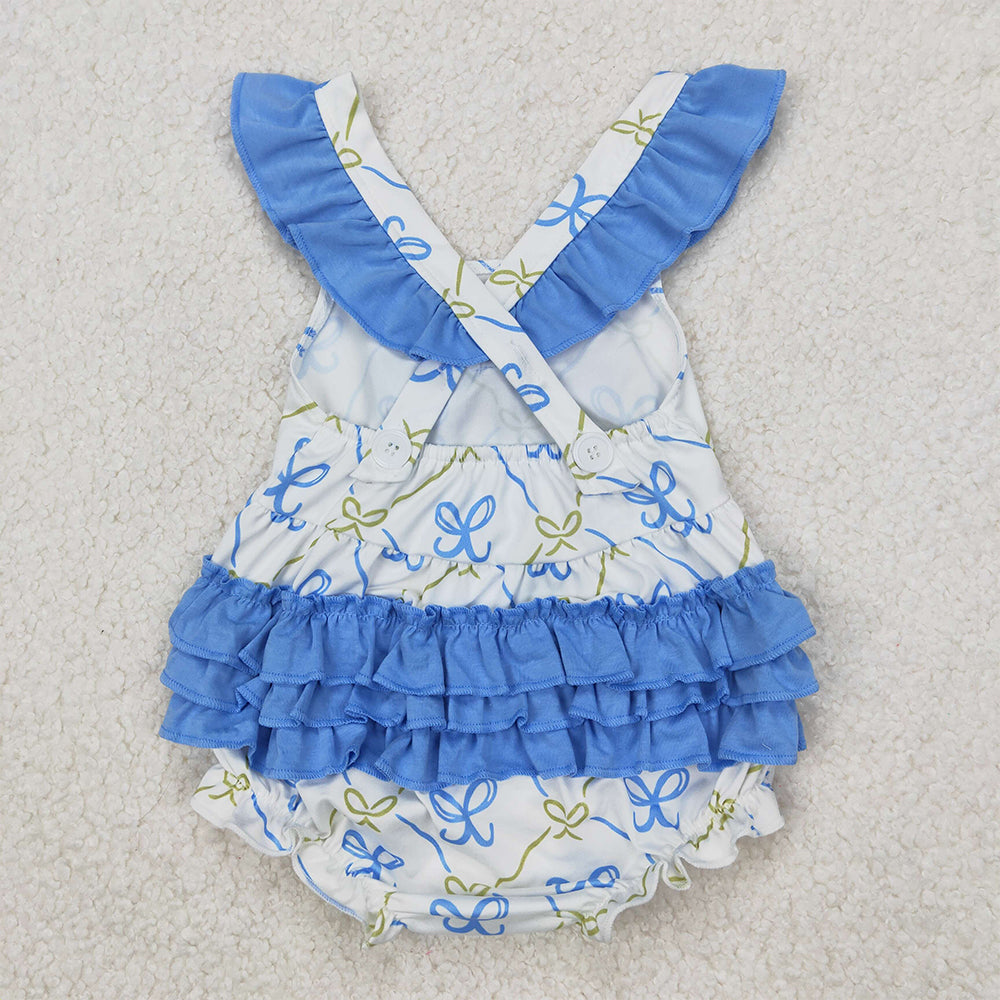 4.18 SR2720 RTS NO MOQ Light blue flutter sleeves ruffle bow baby girls romper