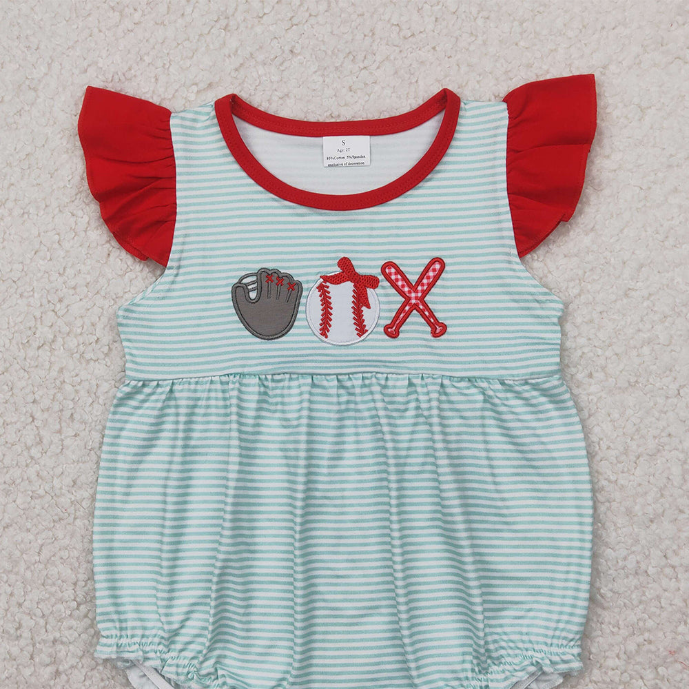 5.20 SR2892 RTS NO MOQ Baby Girls Summer Rompers  Embroidery Flutter sleeves stripe baseball baby girls romper