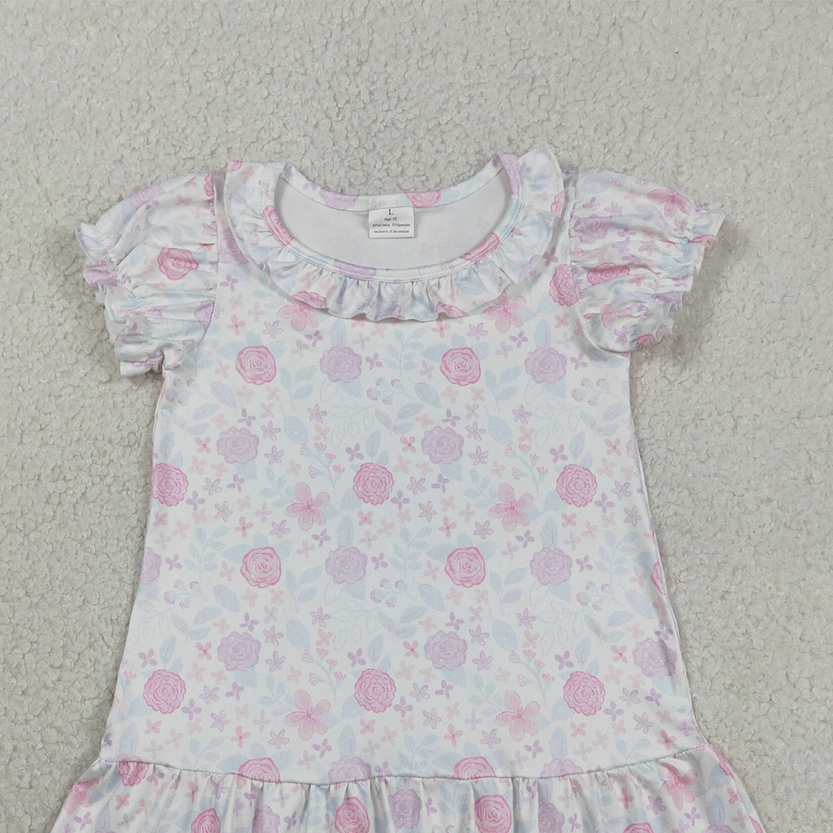 3.14 RTS NO MOQ （In stock）GSD3717 Kids Fashion Clothes Baby Girls Short Sleeve Pink Lavender Flowers Ruffle Knee Length Dresses