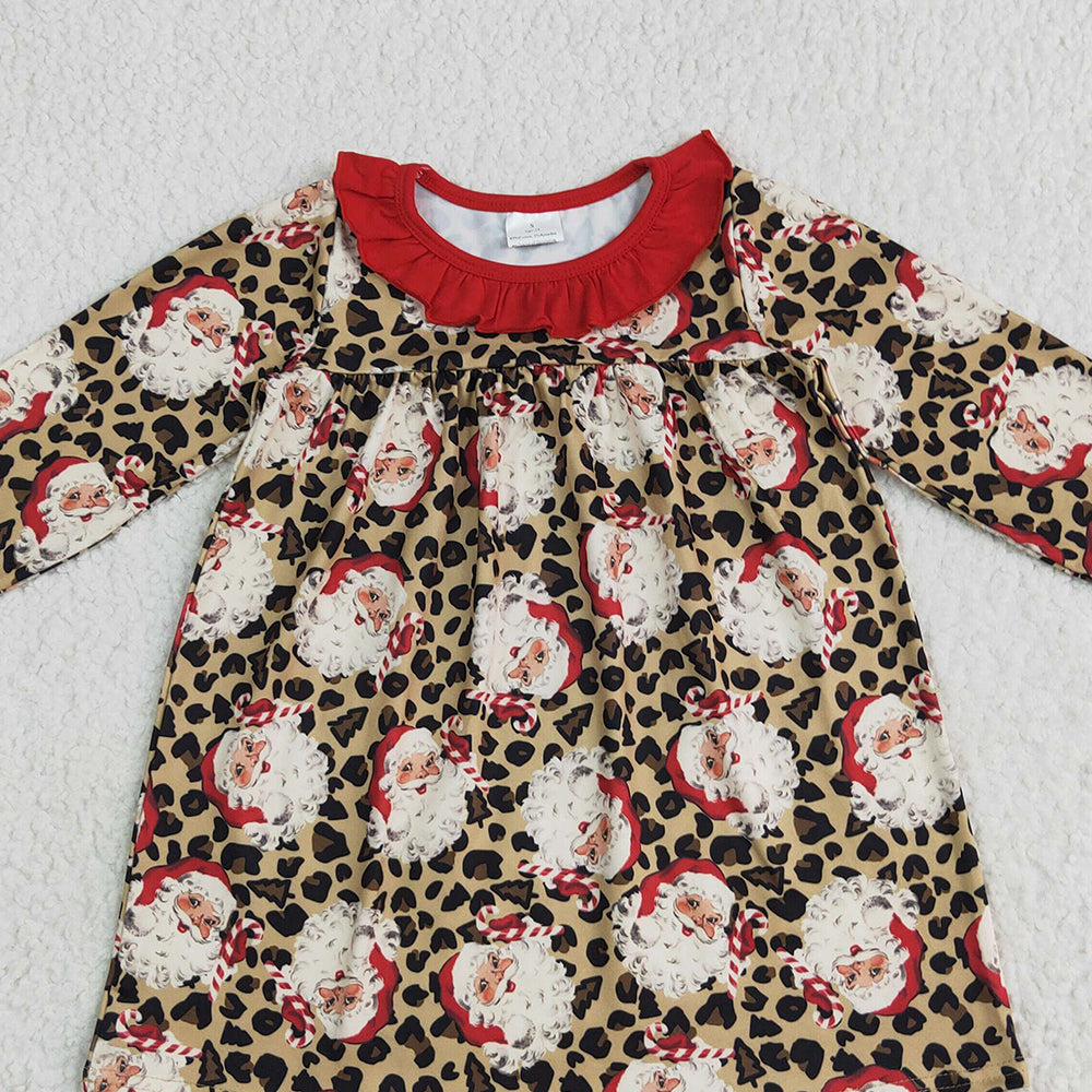 8.13  GLD1065 RTS NO MOQ Baby Girls Winter Dress Baby Girls Christmas Santa Leopard Knee Length Dresses