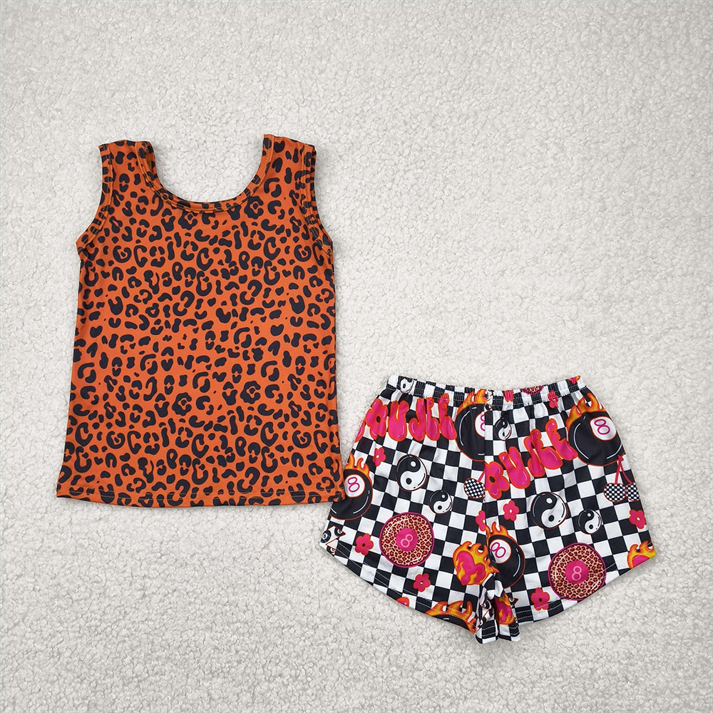 GSSO2391RTS NO MOQ Baby Girls Summer Outfits Girls Sleeveless Leopard Print Top with Plaid Patchwork Shorts Set Fashionable Animal Pattern Outfit for Kids