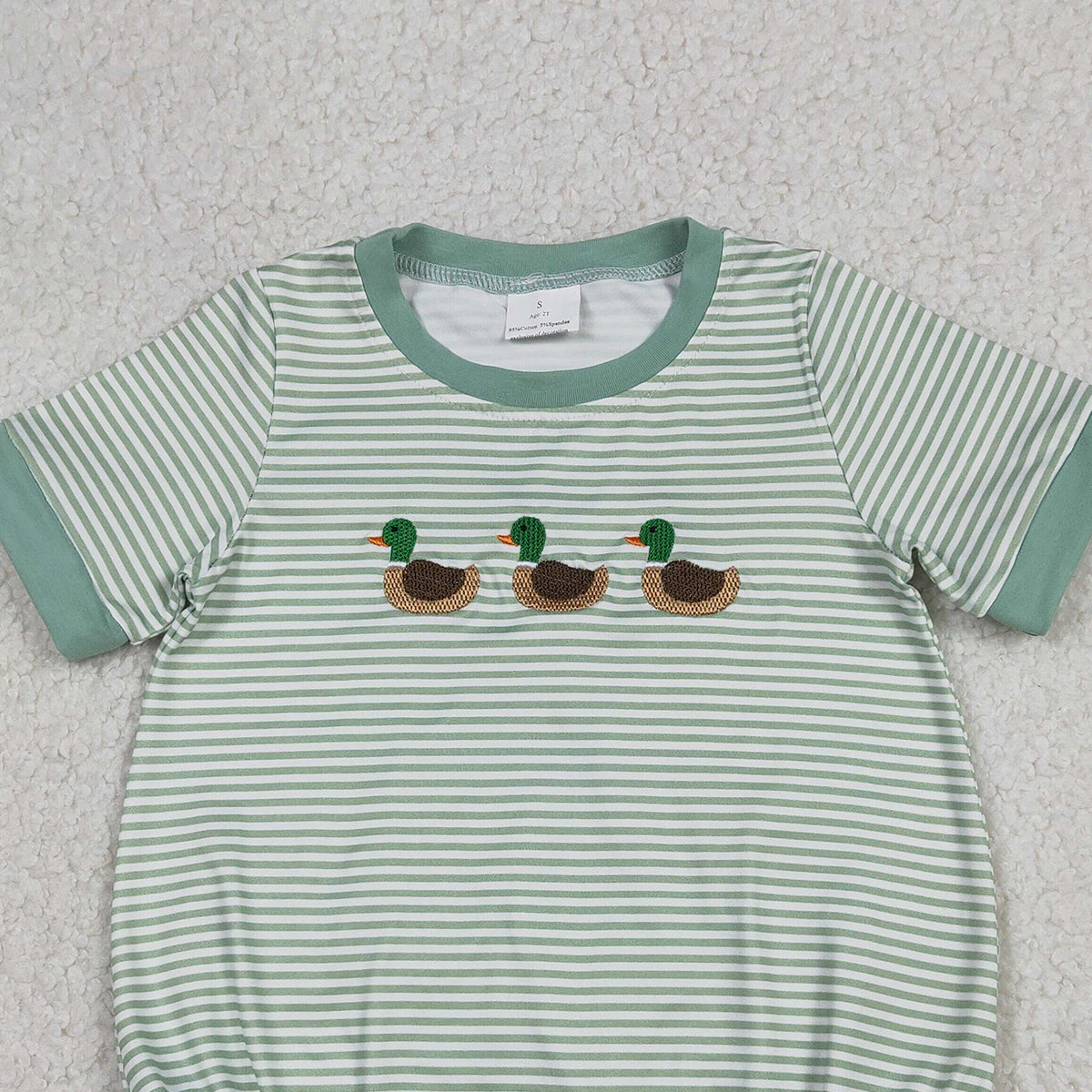 12.24 RTS NO MOQ （In stock）SR3531 Baby Boys Rompers Embroidery Ducks Baby Boys Green Stripe Short Sleeve Hunting Rompers