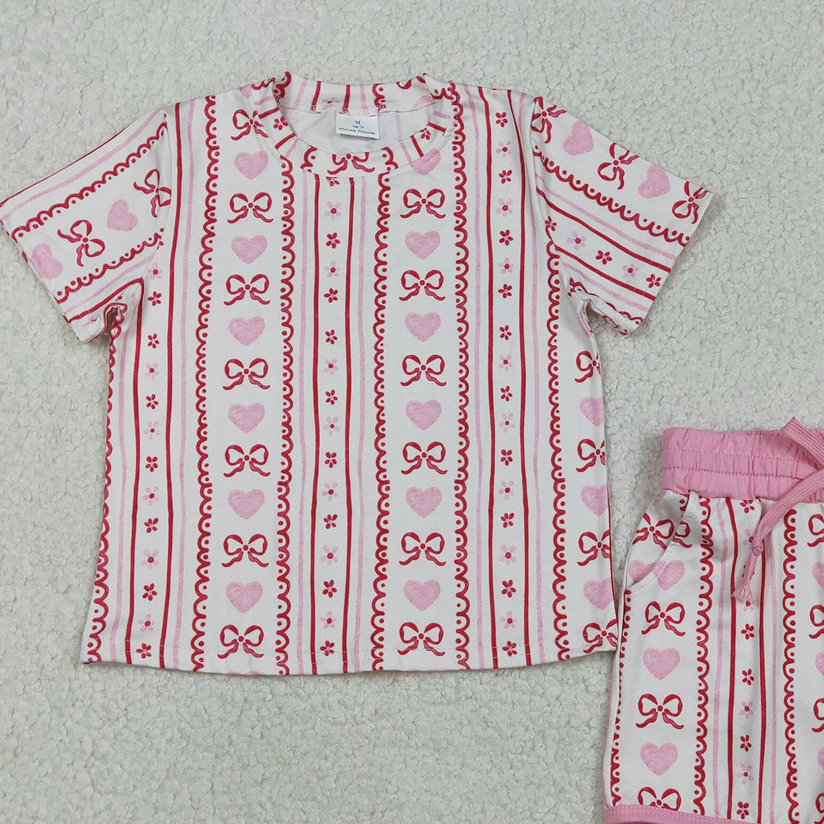 12.10 RTS NO MOQ （In stock）GSSO2738 Baby Girls Pink Bows Hearts Stripe Top Pockets Shorts Valentines Clothes Sets