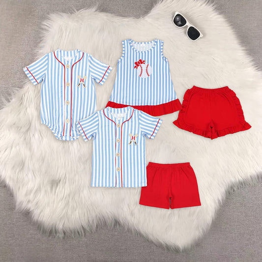 8.01   Sibling Short sleeves stripe baseball kids boys and girls clothing set rompers