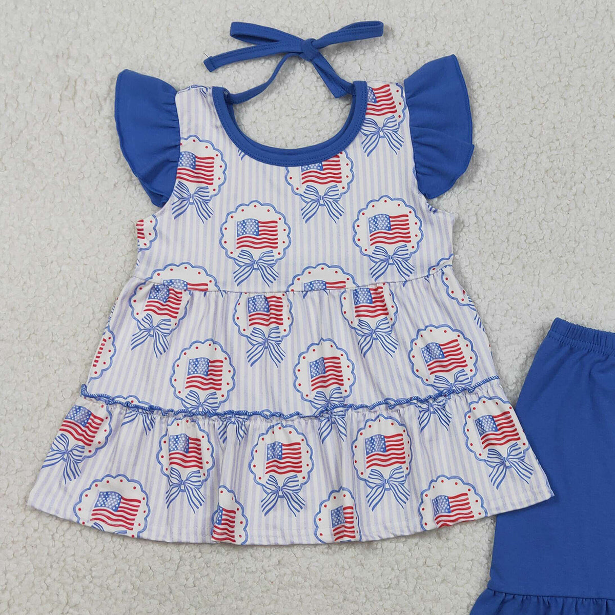 3.28 RTS NO MOQ （In stock）GSSO3296 Flutter sleeves bow flag tunic shorts girls 4th of july set