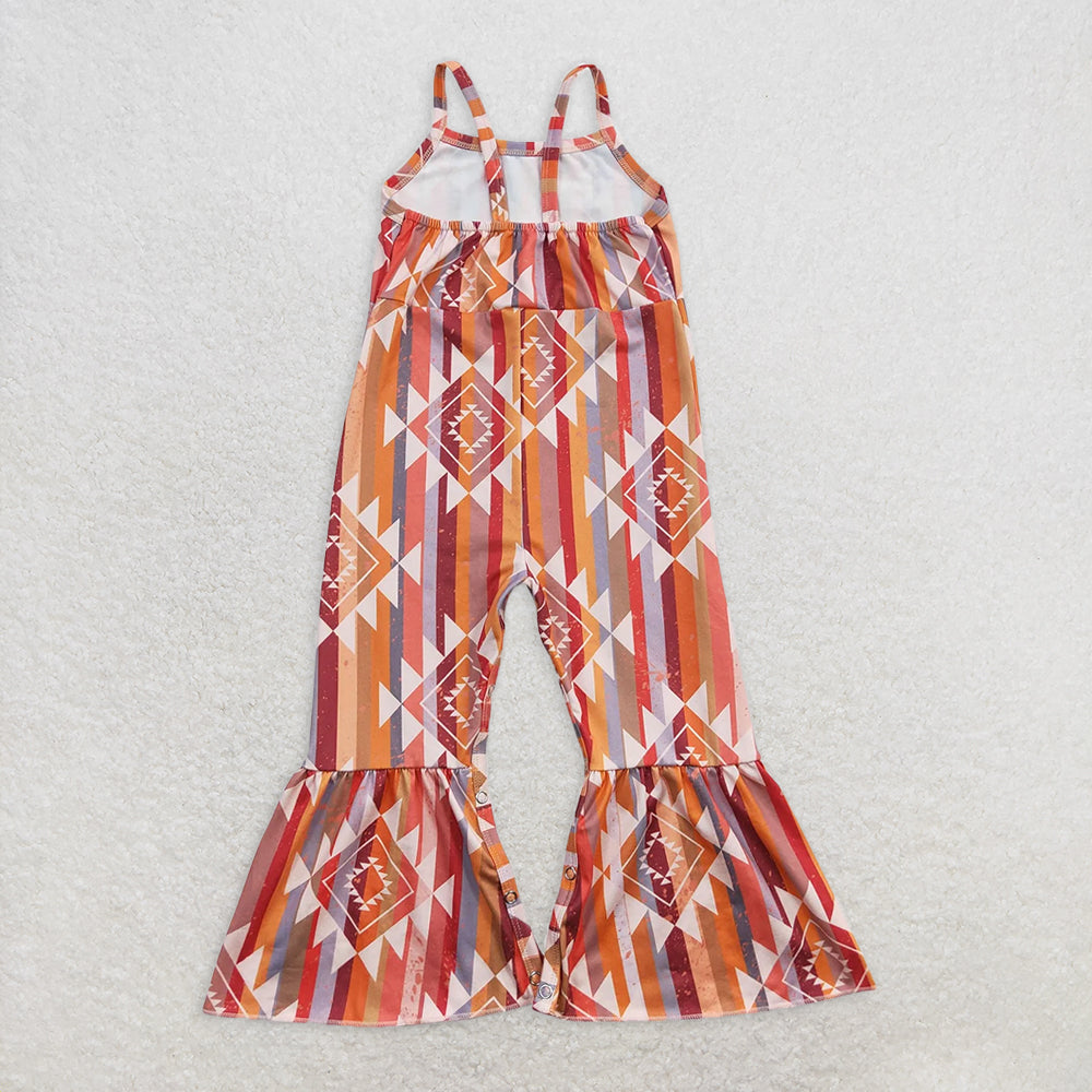 SR0252 RTS NO MOQ Baby Girls Summer Jumpsuits  Baby Girls Orange Aztec Strap Bell Bottom Jumpsuits