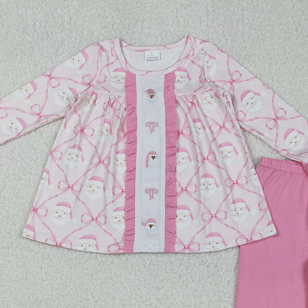 RTS NO MOQ （In stock）GLP2364 Baby Girls Winter Outfits Girls Pink Bow Santa Tunic Romper with Ruffle Pants for Christmas Holiday Outfits