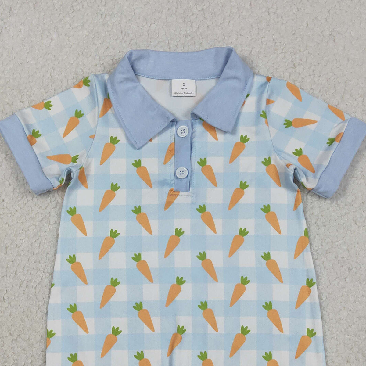 12.11 RTS NO MOQ （In stock）SR3254 Baby Boys Rompers Baby Boys Blue Checked Carrots Easter Button Shorts Rompers