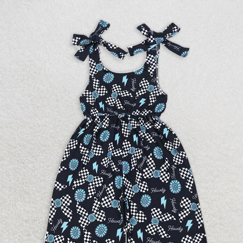 SR2466RTS NO MOQ Baby Girls Summer Jumpsuits Trendy Straps Turquoise Bow Howdy Western Jumpsuit for Fashionable Girls