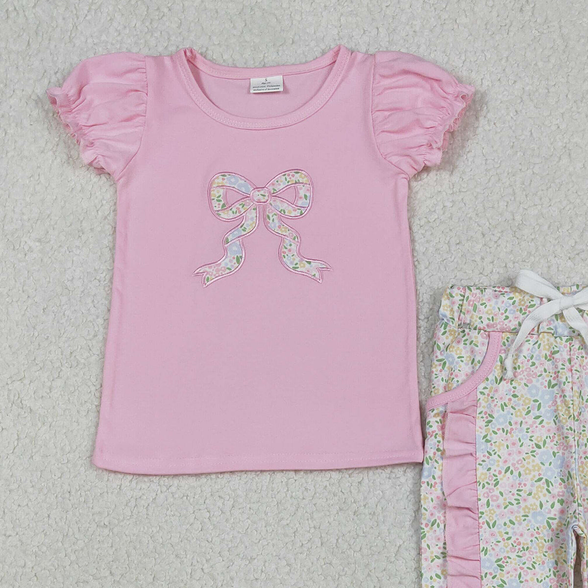 12.8 RTS NO MOQ （In stock）GSPO2060 Embroidery Floral Bows Baby Girls Shirt Pockets Ruffle Leggings Clothes Set