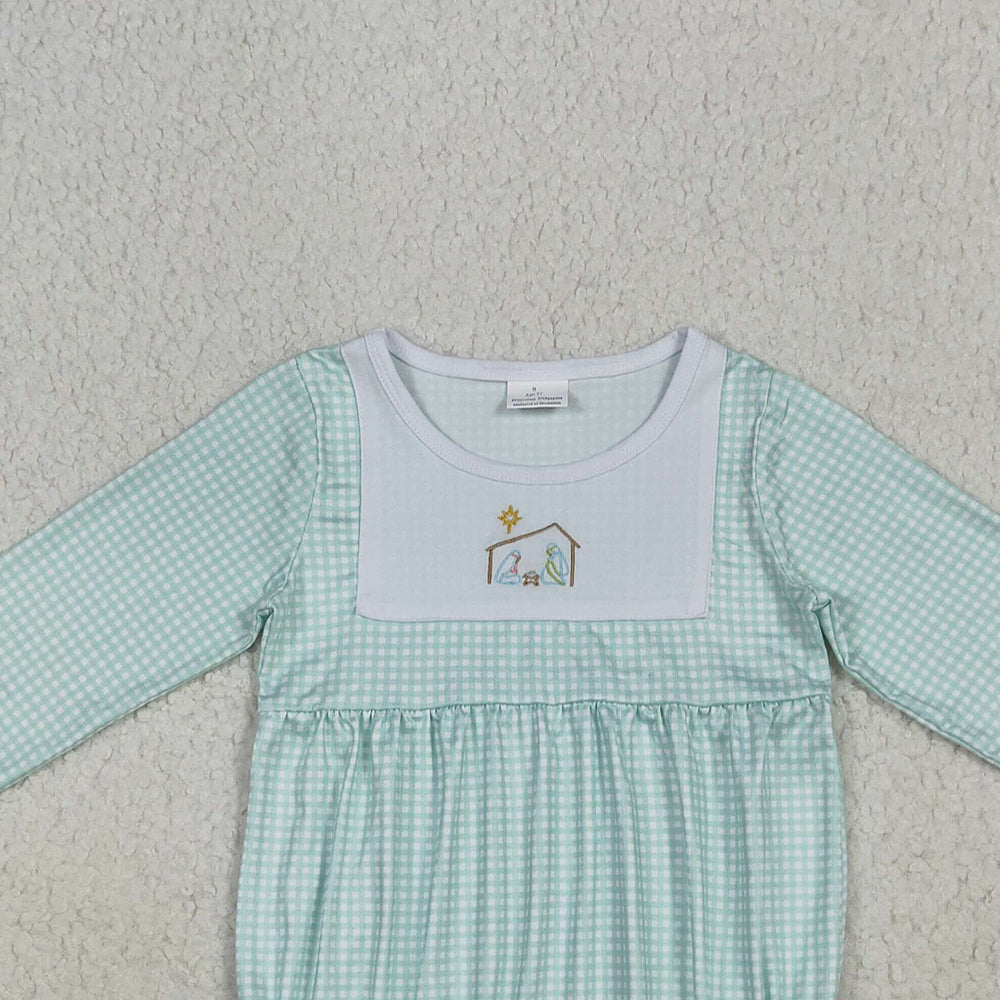 RTS NO MOQ （In stock）LR2265 Baby Girls Winter Rompers Embroidery Baby Boys Aqua Plaid Christmas Jesus Bummies Rompers