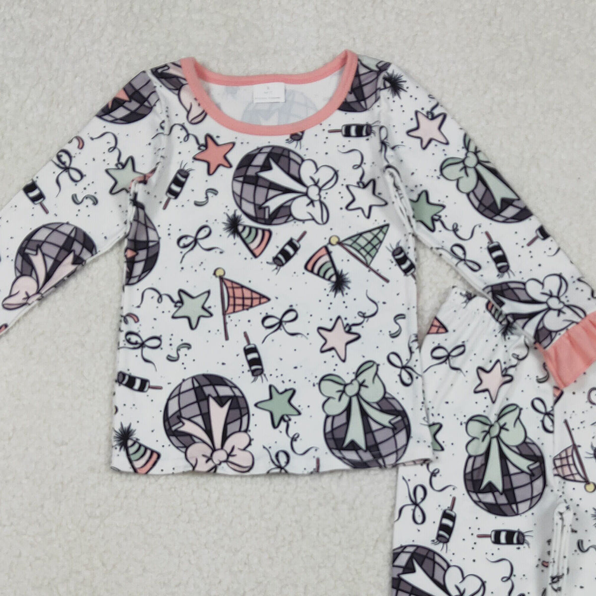 10.21 RTS NO MOQ （In stock）GLP2711 Baby Girls Happy New Year Top Ruffle Pant Pajamas Sets