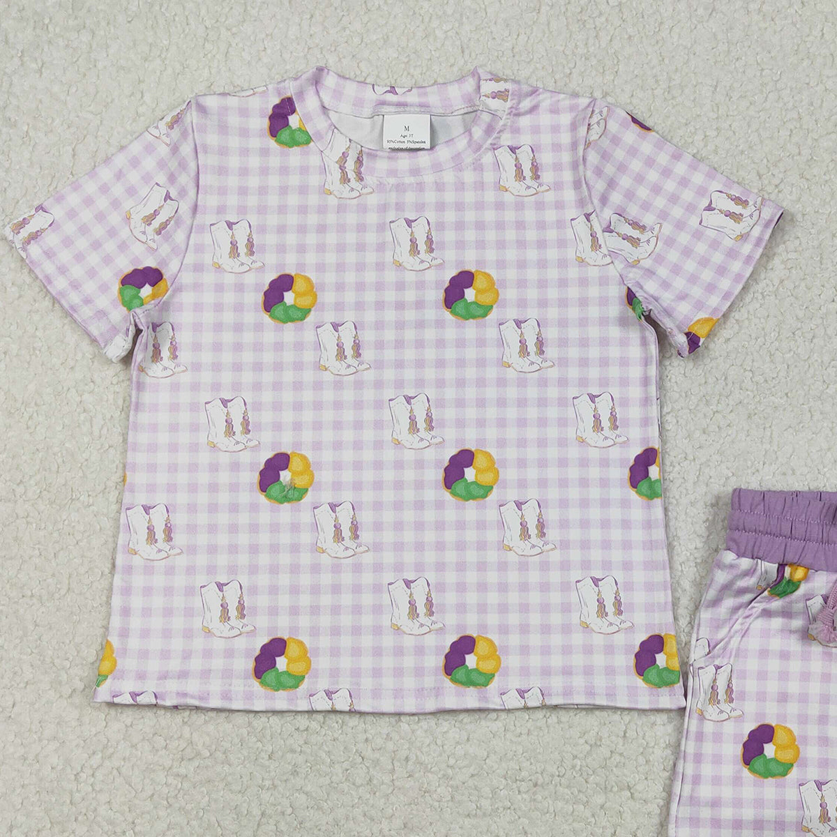 12.9 RTS NO MOQ （In stock）GSSO2740 Baby Girls Mardigras Boot Donuts Checked Top Pockets Shorts Clothes Sets
