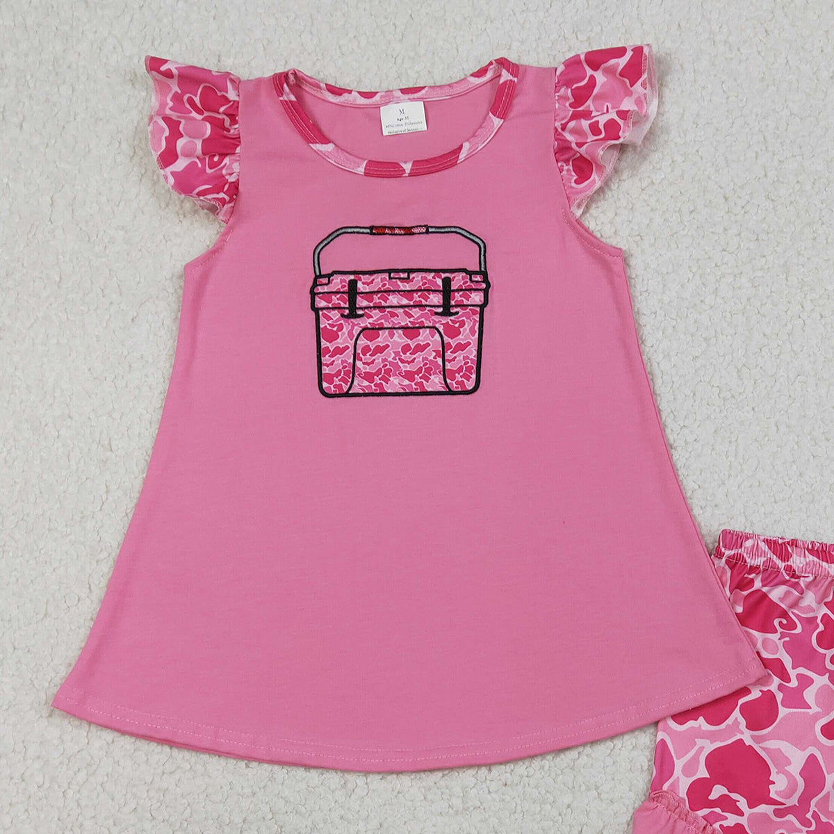 1.14 RTS NO MOQ （In stock）GSSO3002 Embroidery Pink Camo Boxes Baby Girls Tunic Ruffle Shorts Hunting Clothes Sets