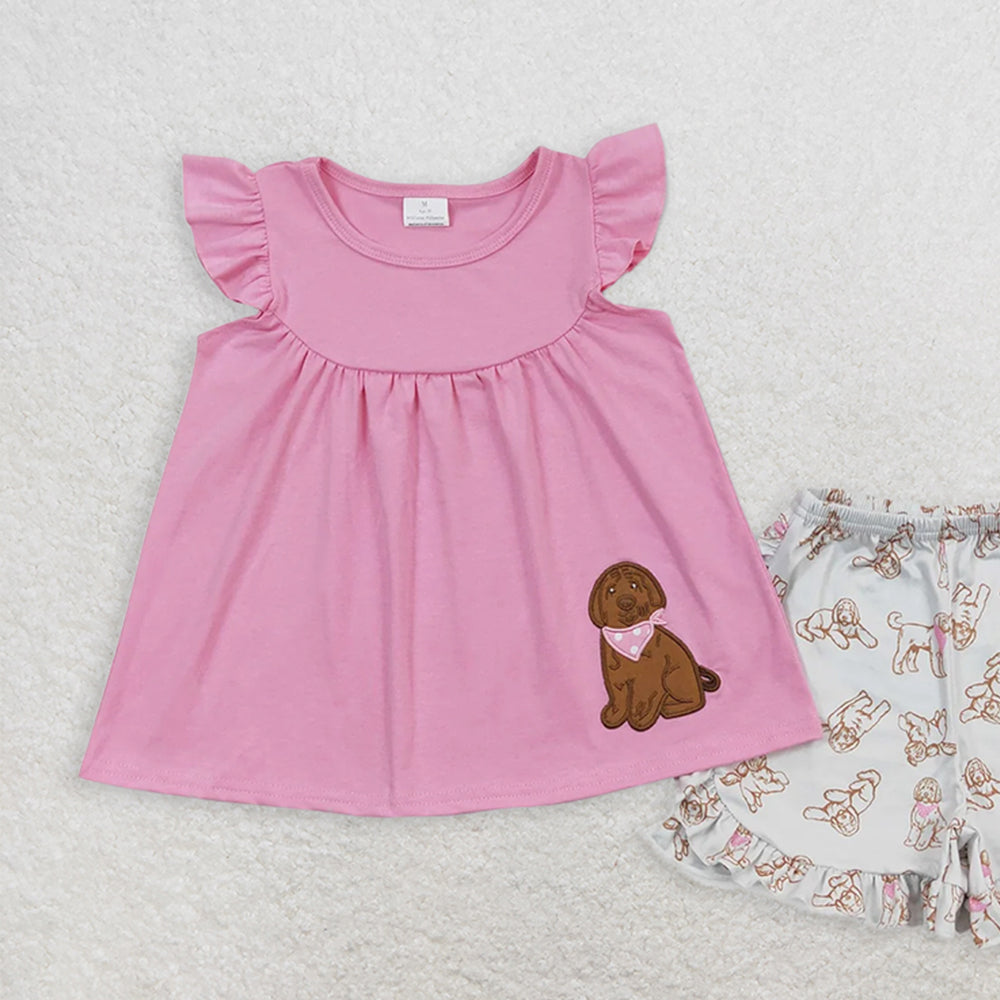 GSSO0581RTS NO MOQ  Baby Girls Summer Outfits Flutter sleeves dog tunic ruffle shorts girls summer clothing