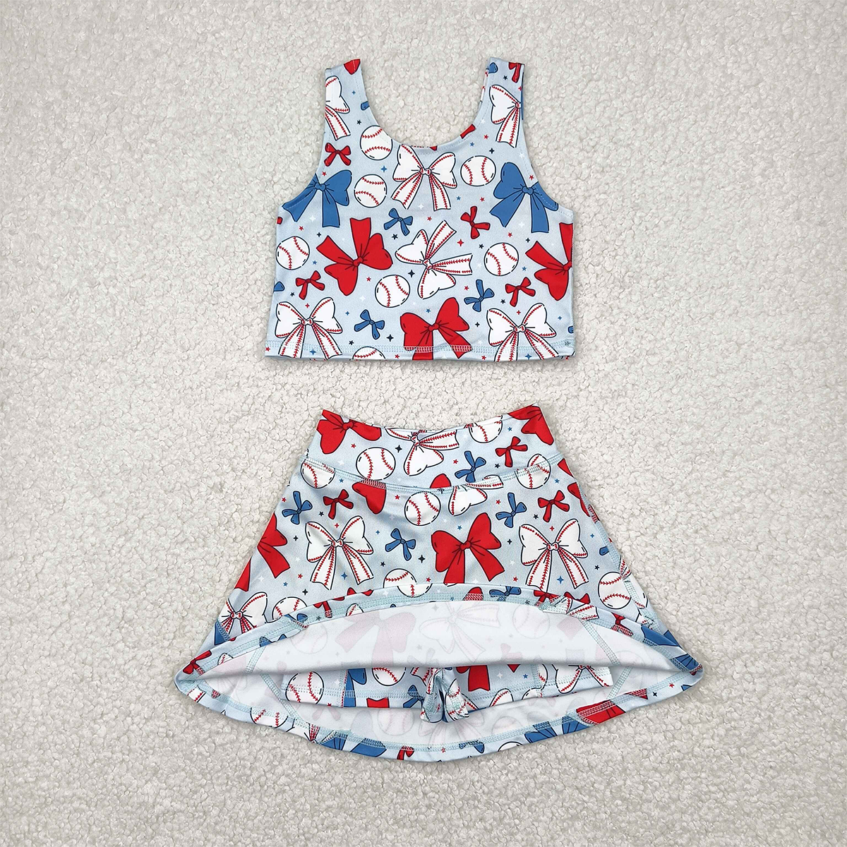 5.15 GSD2151 RTS NO MOQ Baby Girls Yoga Outfits  Sleeveless baseball red blue bow kids girls active wear set