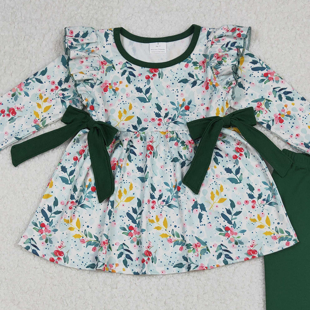 10.10 RTS NO MOQ （In stock）GLP2476 Baby Girls Winter Outfits Baby Girls Green Leaves Bows Tunic Leggings Pants Clothes Sets