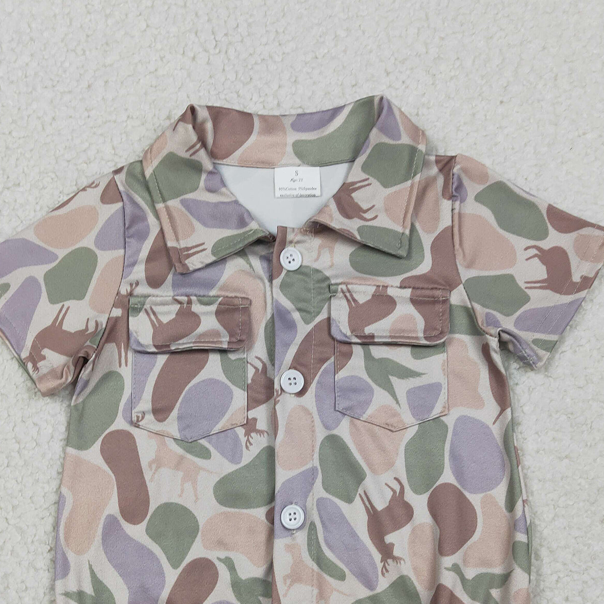 2.7 RTS NO MOQ （In stock）SR3544 Baby Boys Ducks Dogs Deer Camo Pockets Button Hunting Rompers