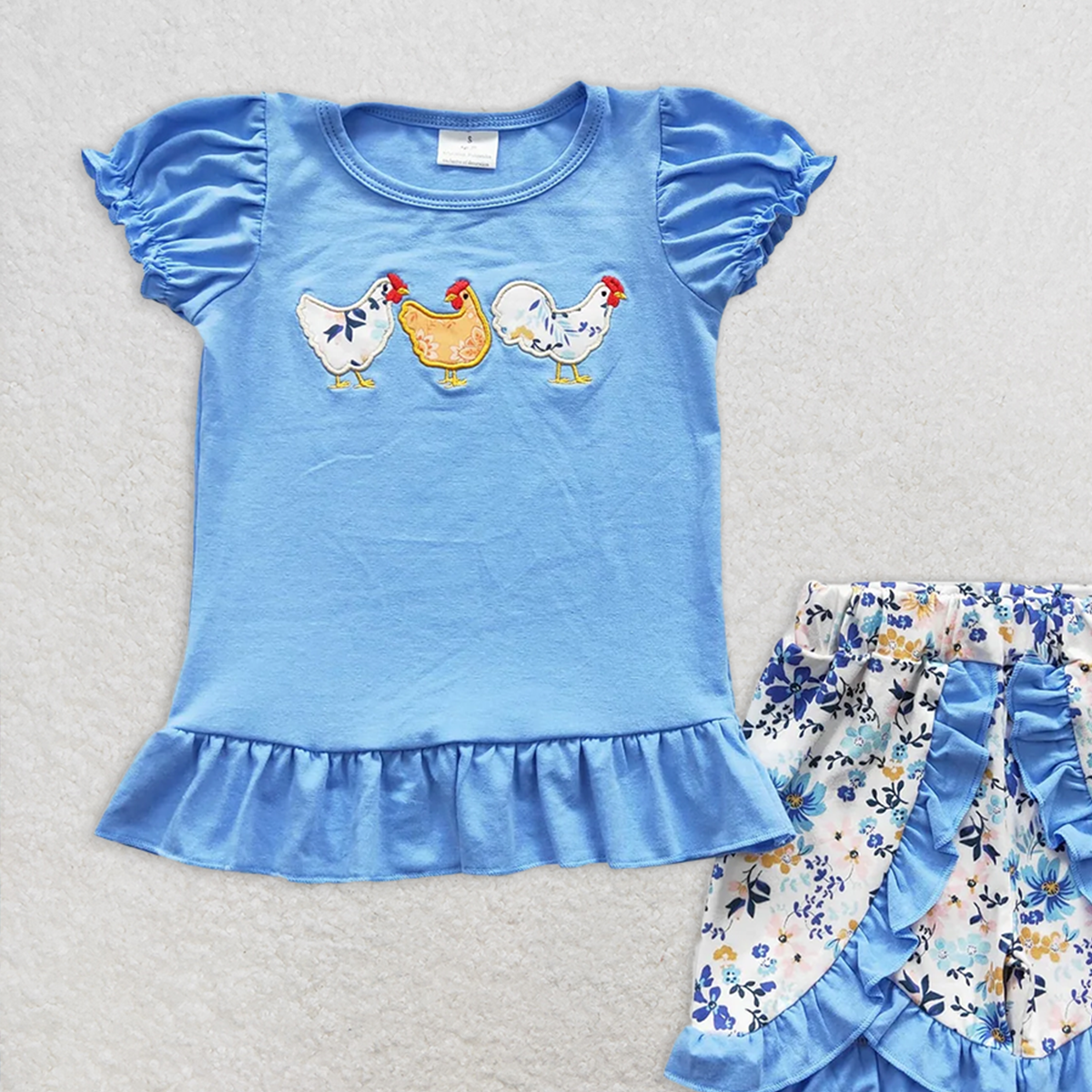 GSSO0211RTS NO MOQ Baby Girls Summer Outfits Chicken print shirt floral shorts girls clothing set