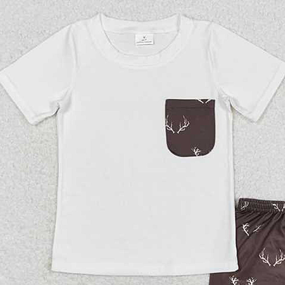BSSO0896Boys Short Sleeve Deer Pocket Top Shorts Set Casual Comfortable Clothing for Kids