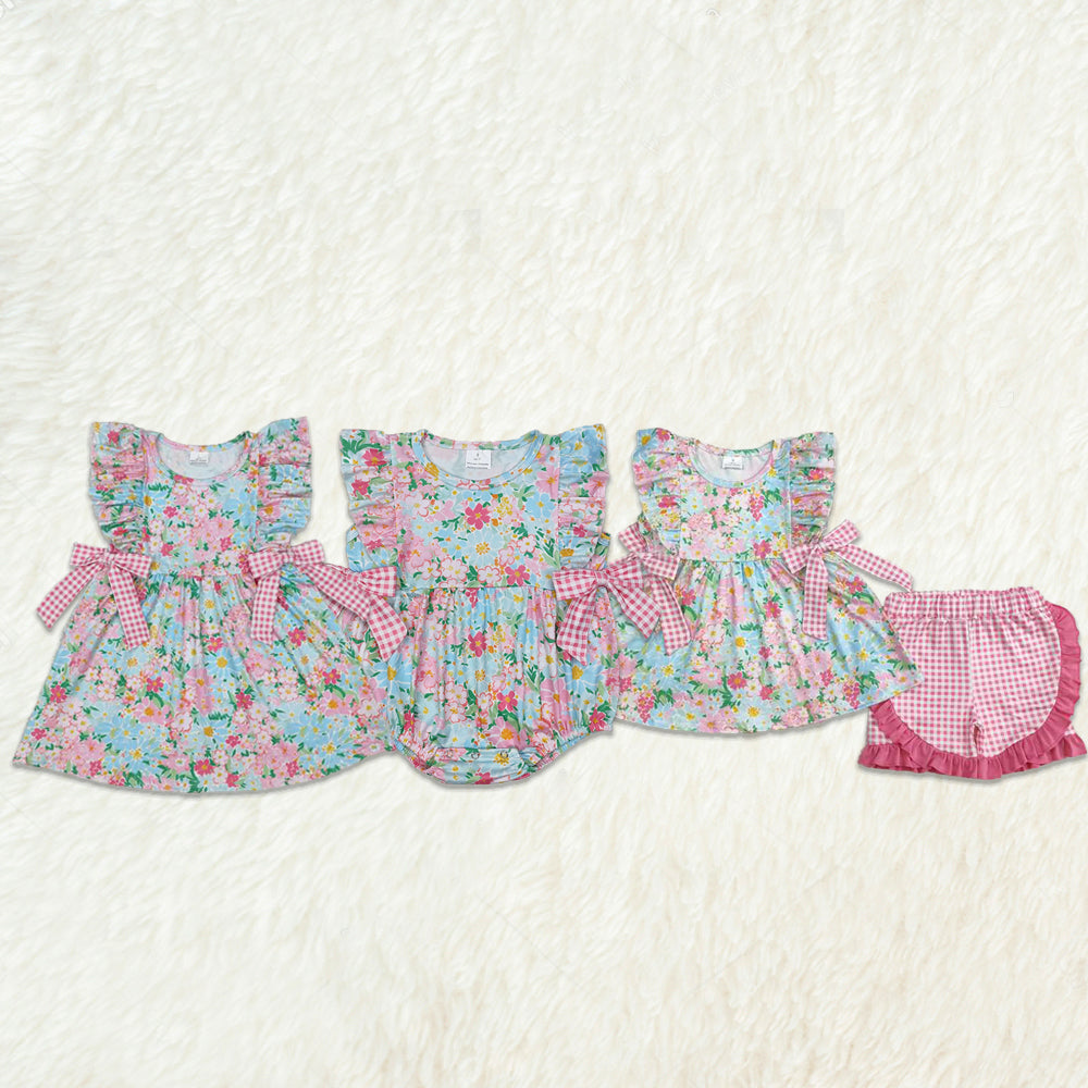 Baby Girls Ruffle Pink Plaid Bow Floral Summer Clothes Set Cute Toddler Outfit with Skirt And Top