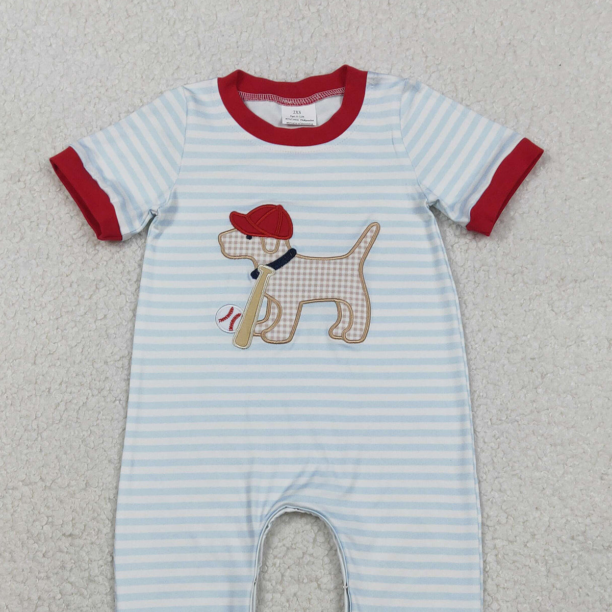 12.2 RTS NO MOQ （In stock）SR3330 Baby Boys Rompers Embroidery Dog Baseballs Baby Boys Stripe Team Footie Rompers