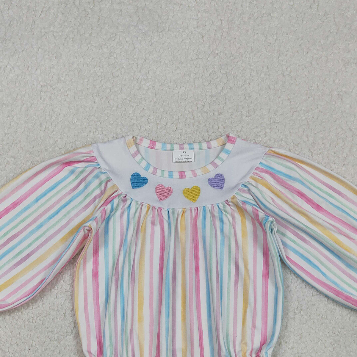 11.6 RTS NO MOQ （In stock）LR2695 Baby Girls Winter Rompers Embroidery Hearts Baby Girls Colorful Stripe Valentine Ruffle Rompers