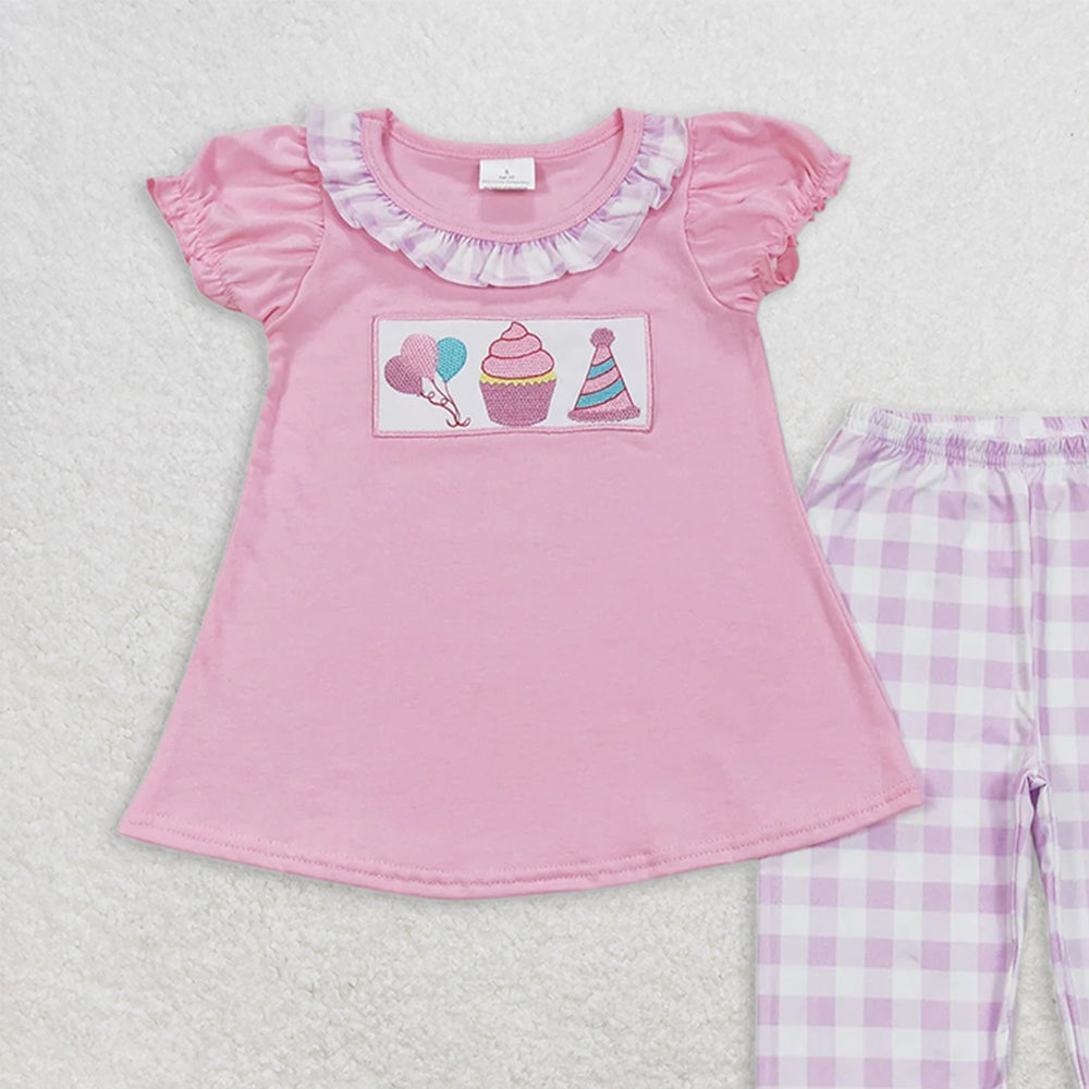 GSPO0960 RTS NO MOQ Baby Girls Spring Outfits Embroidered balloon cake birthday hat pink short-sleeved purple and white plaid trousers suit