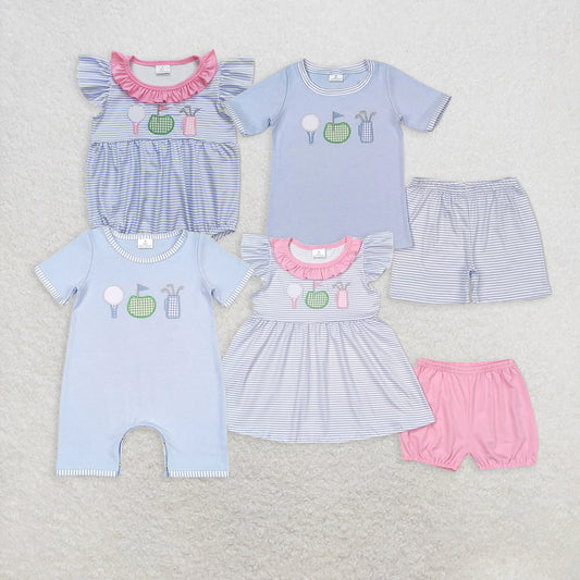 7.14  RTS NO MOQ Flutter sleeves stripe golf tunic pink shorts girls and boys clothes