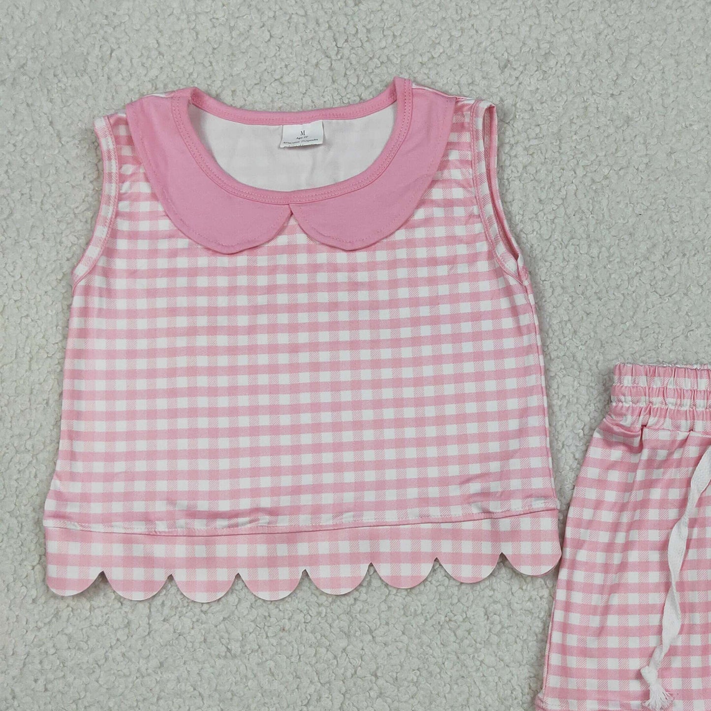 GSSO3394 RTS NO MOQ （In stock）Sleeveless pink plaid scallop top shorts girls outfits