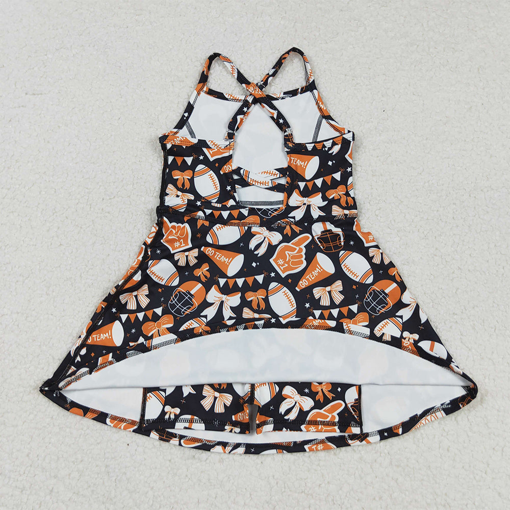RTS NO MOQ （In stock）GSD2777 Baby Girls Yoga Dress Baby Girls Strap Bows Footballs Shorts Team Yoga Active Knee Length Dress