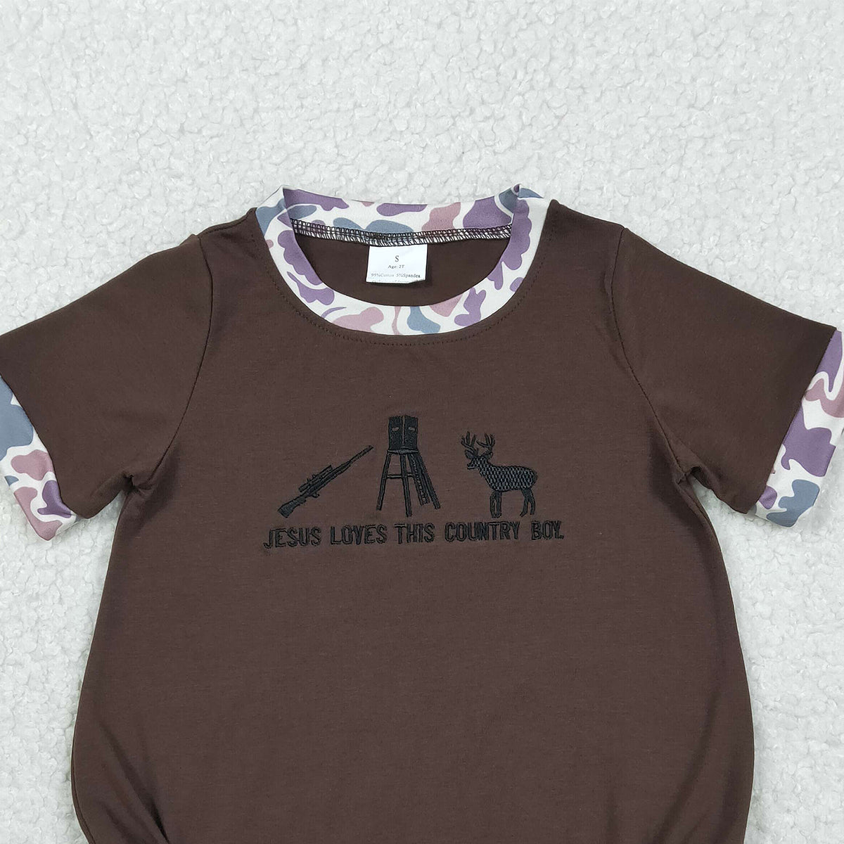 11.12 RTS NO MOQ （In stock）SR3280 Baby Boys Summer Rompers Embroidery Jesus Love Me Deer Baby Boys Hunting Rompers