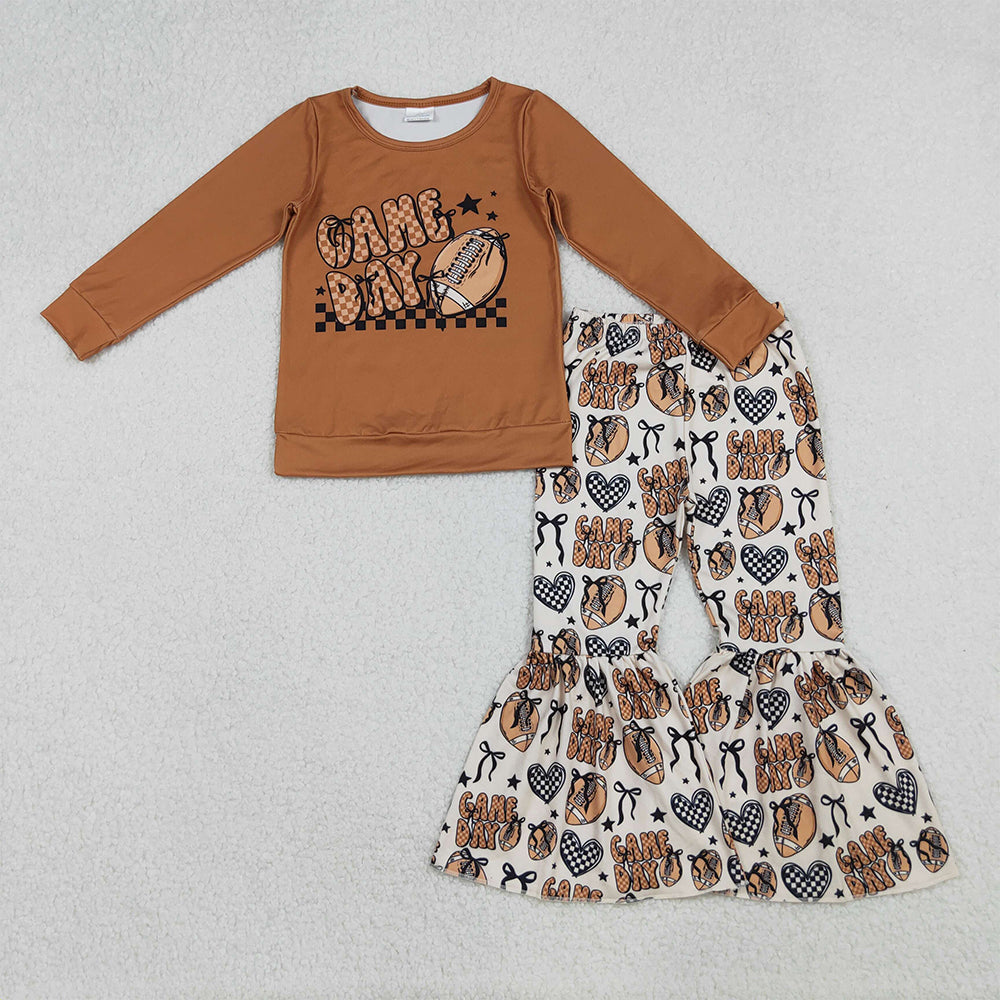 10.10 RTS NO MOQ （In stock）GLP2721 Baby Girls Winter Outfits Baby Girls Brown Game Day Footballs Top Bell Bottom Pant Team Clothes Set
