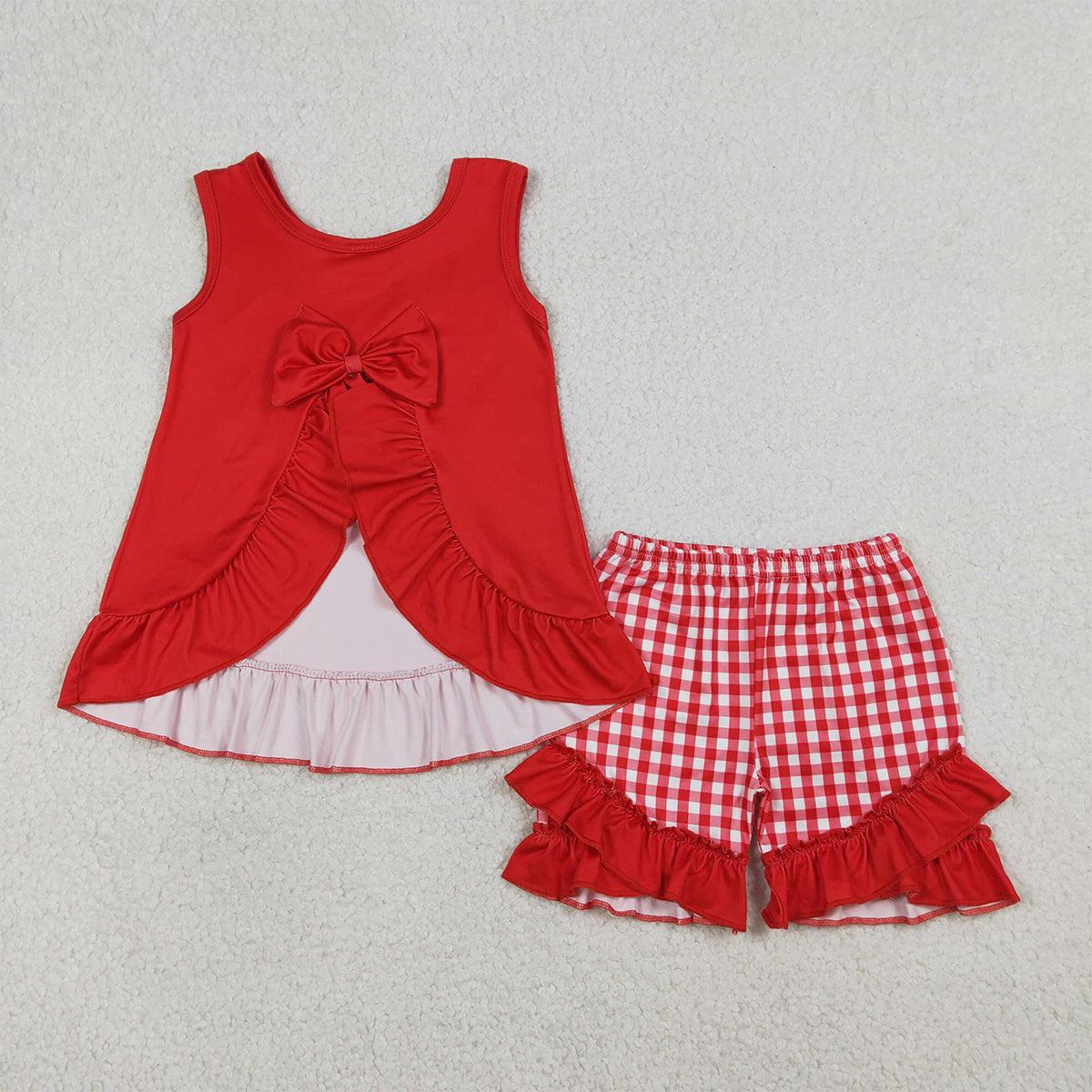 1.16 RTS NO MOQ （In stock）GSSO3009 Baby Girls Chip Chicken Back Bows Tunic Checked Ruffle Shorts Sets