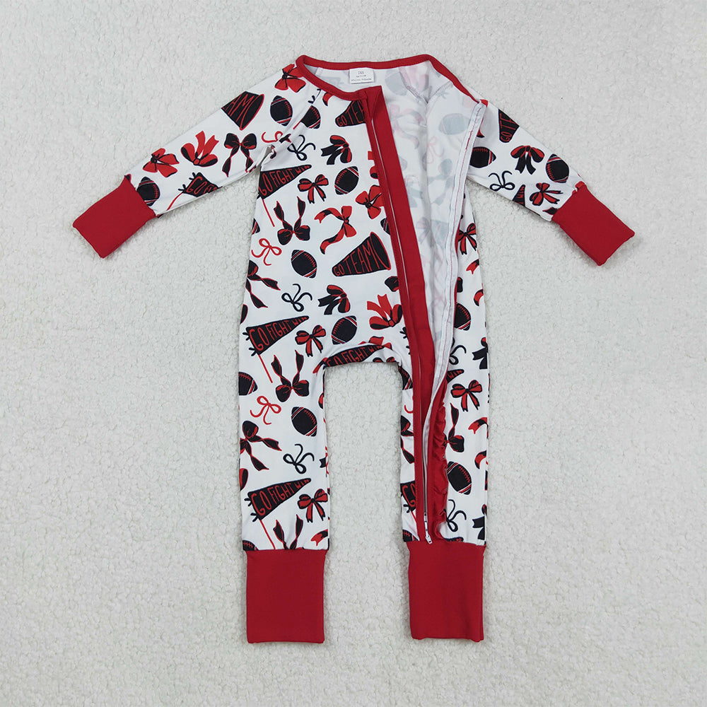 RTS NO MOQ （In stock）LR2512 Baby Girls Winter Rompers Red Bows and Footballs Rompers, Cheer Ruffle, Zipper Team Rompers