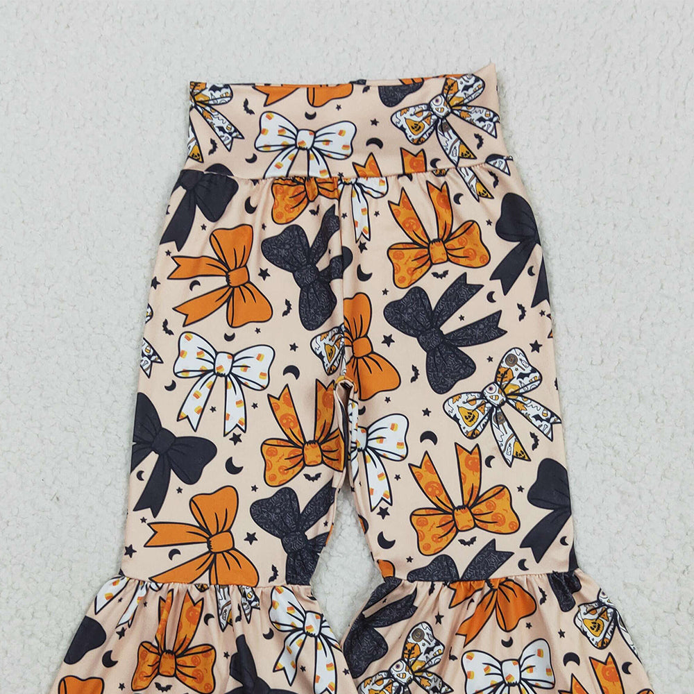 RTS NO MOQ （In stock）P0776 Baby Girls Pants Baby Girls Halloween Orange Black Bows Bell Bottom Pants